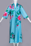 Blue Pink Floral Muu Muu Caftan Maxi House Dress Soft and Stretchy Poly with Wide Sleeves Women&#39;s Size Large - 40&quot; bust - 44&quot; waist - 52&quot;hip