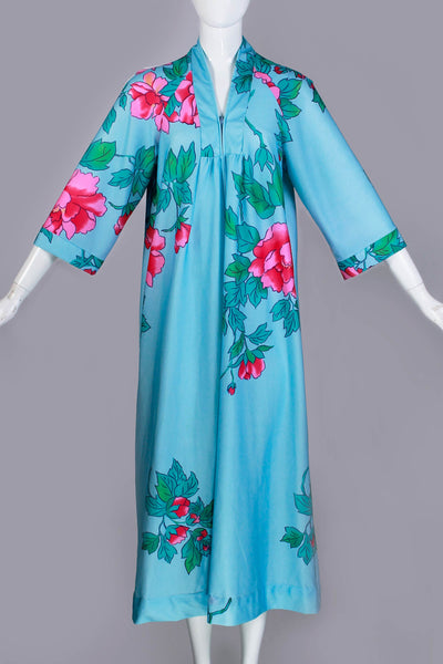 Blue Pink Floral Muu Muu Caftan Maxi House Dress Soft and Stretchy Poly with Wide Sleeves Women&#39;s Size Large - 40&quot; bust - 44&quot; waist - 52&quot;hip