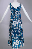 1960s Vintage BARKCLOTH Hawaiian Sleeveless ALOHA Maxi Dress Blue White Hibiscus Floral Print Women&#39;s Size Small - Medium 36&quot; bust 34&quot; waist