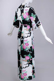 60s 70s ANDRADE Hawaii Asian Floral Kimono Sleeve Maxi Dress Black White Pink Vintage Women Size Small / Medium- 36&quot;bust- 36&quot; waist- 37&quot;hips