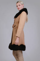 60s Beige Wool and Shearling Trim Tortoise Shell Buttons Belted Jacket Women&#39;s Size Small - 37&quot; bust - 36&quot; waist - 40&quot; hips