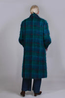 80s Blue Plaid MOHAIR Shaggy Long Winter Coat Made in the USA Women&#39;s Size Large - XL - 48&quot; bust - 48&quot; waist - 49&quot; hips - 43&quot; long