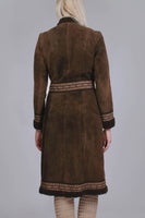 60s Vintage Embroidered Suede Leather PERSIAN Lamb Fur BOHO Hippie Groupie Brown Winter Coat Women&#39;s Size Small