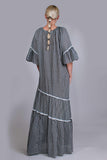 Vintage Gingham Peasant Maxi Dress Black and White Caftan Loungewear Women&#39;s Plus Size XXL - 1X - 47&quot; bust - 48&quot; waist - 50&quot; hips