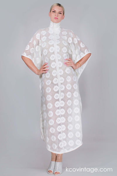 60s 70s Vintage White Cotton Eyelet Caftan Maxi Dress Semi Sheer Crochet  Knit Women's Size Large / XL / 46