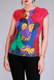 Y2K PICASSO Art Print Crinkle Stretchy Cap Sleeve Top Women&#39;s Size Medium +