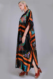 Silky PEACOCK Caftan Maxi Dress Colorful Black Novelty Bird Print Loungewear WFH Style Women One Size Fits All