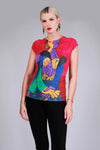 Y2K PICASSO Art Print Crinkle Stretchy Cap Sleeve Top Women&#39;s Size Medium +