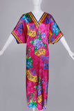 80s Shiny ASIAN FAN Fuchsia Pink Purple Gold Floral Caftan Maxi Dress Loungewear Work From Home Style One Size Fits Most Vintage Dress