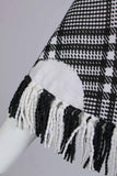 60s Vintage MOD OP ART Woven Fringe Cape Poncho with Matching Scarf Set Black and White Space Age Plaid One Size Fits All Most 20&quot; neckline