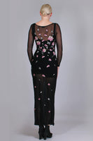 90s VIVIENNE TAM Black Mesh Pink Embroidered Long Sleeve Bodycon Maxi Dress Womens Size Small - stretches to 36&quot;- 26&quot;- 36&quot;