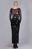 90s VIVIENNE TAM Black Mesh Pink Embroidered Long Sleeve Bodycon Maxi Dress Womens Size Small - stretches to 36&quot;- 26&quot;- 36&quot;