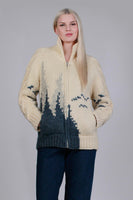 70s Vintage COWICHAN Trees and Birds Canadian Wool Knit Cardigan Sweater Women&#39;s Size Medium 40&quot; bust - 38&quot; waist - 34&quot; hem