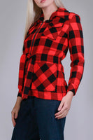 70s Buffalo Check Red and Black Plaid Acrylic Lightweight Jacket Sears Bazaar Women&#39;s Size Small Medium Petite - 37&quot; bust - 29&quot; waist