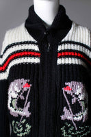 60s Soft Knit COWICHAN Cardigan Sweater Novelty Fishing Trout Black Red White Made in Canada Women&#39;s Size Small - Medium