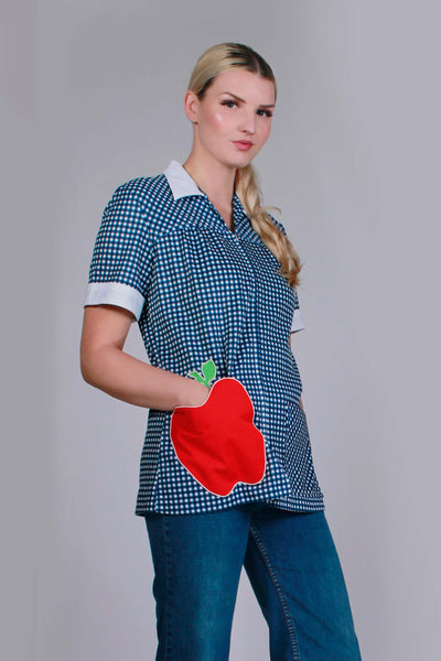 60s 70s APPLE Patch Pocket Blue and White Gingham Zip Front Poly Knit Top by JC Penney USA Women&#39;s Size Medium - Large - 42&quot; bust - 37&quot;waist