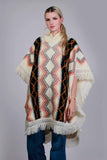 1970s Vintage Fringe Poncho Sweater Knit Cape Southwestern Earth Tone Women&#39;s One Size Fits All