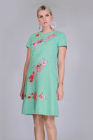 60s Vintage I.MAGNIN Embroidered Linen Dress Pale Minty Green Pink Cap Sleeve Dress Women&#39;s Size Medium - 38&quot; bust - 33&quot; waist - 40&quot; hips
