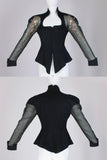 80s STUDDED Plunge Queen Anne Neckline Black Sheer Organza Puff Sleeve Bodycon Top Women&#39;s Size XS - Small - 34&quot; bust - 26&quot; waist