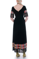60s 70s Vintage Fringe Embroidered Black Velvet Maxi Dress Women&#39;s Size XS - 33&quot; bust - 26&quot; waist - 36&quot; hips