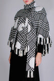 60s Vintage MOD OP ART Woven Fringe Cape Poncho with Matching Scarf Set Black and White Space Age Plaid One Size Fits All Most 20&quot; neckline