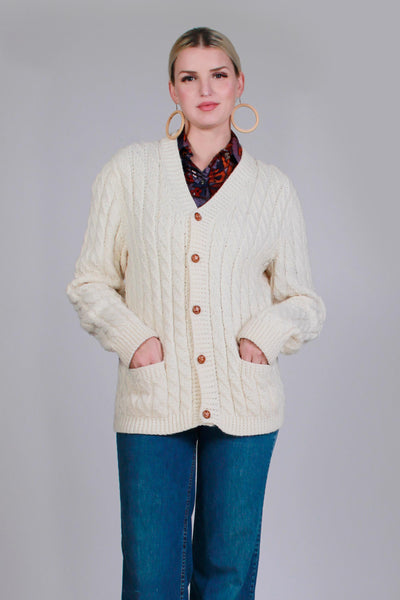 70s Ivory Acrylic Cable Knit Fisherman Cardigan Sweater Women&#39;s Size Medium - 40&quot; bust - 34&quot; waist - 27&quot; long