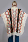 1970s Vintage Fringe Poncho Sweater Knit Cape Southwestern Earth Tone Women&#39;s One Size Fits All
