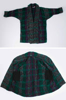 80s Nubby Plaid Purple Green Gray Black Oversized Shawl Collar Cardigan Sweater Jacket Women&#39;s Size XL - 60&quot; bust - 54&quot; waist - 38&quot; long