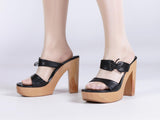 90s Chunky Wood Platform High Block Heel Black Vegan Leather Sandals Womens Size USA 10 | UK 8 | EUR 40-41