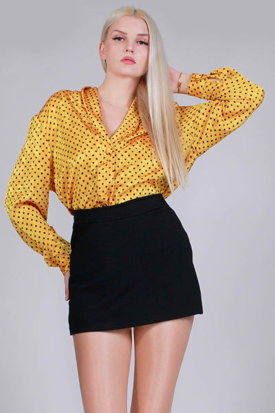 80s Silky Yellow and Black PLUNGE Shawl Collar Blouse Made in Korea Women's Size Large - 44" bust - 42" waist - 26" long