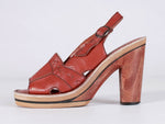 1970s QUALI CRAFT Wood Platform High Heel Brown Leather Sandals Women&#39;s US Size 8