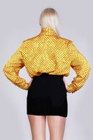 80s Silky Yellow and Black PLUNGE Shawl Collar Blouse Made in Korea Women's Size Large - 44" bust - 42" waist - 26" long