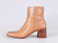 90s BP NORDSTROM Tan Leather Chunky Block Heel Ankle Boots USA Women Size 8 -8.5