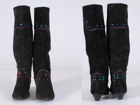 80s NEIMAN MARCUS Black Suede Color Block Mid Calf Knee High Vintage Boots Made in Italy Women&#39;s USA Size 6.5