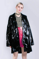 90s Shiny Black PVC Raincoat Unlined Vinyl Slicker Unisex Size XL 51&quot; bust 52&quot; waist