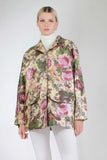 Vintage 80s Cabbage Rose Floral Rain Jacket Nordic House Shiny Coat Made in the USA Women&#39;s Size Large - 48&quot; Bust - 48&quot; waist - 30.5&quot; long
