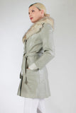 Vintage 1970s Gray LEATHER and FUR Collar Belted Jacket Women&#39;s Size XS - Small - 36&quot; bust - 32&quot; waist - 20.5&quot; sleeves - 36&quot; long