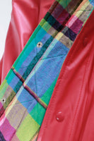 Vintage 1980s Red PVC Raincoat with Rainbow Plaid Quilted Flannel Lining Long Slicker Men&#39;s Size Small Women&#39;s Medium - 42&quot; bust - 42&quot; waist