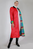 Vintage 1980s Red PVC Raincoat with Rainbow Plaid Quilted Flannel Lining Long Slicker Men&#39;s Size Small Women&#39;s Medium - 42&quot; bust - 42&quot; waist