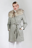 Vintage 1970s Gray LEATHER and FUR Collar Belted Jacket Women&#39;s Size XS - Small - 36&quot; bust - 32&quot; waist - 20.5&quot; sleeves - 36&quot; long