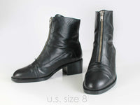 90s Black Leather Zipper Detail Block Heel Above Ankle Boots Y2K Cyber Minimalist Women&#39;s USA Size 8