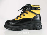 Vtg 80s 90s PLATFORM Yellow and Black Faux Leather Lace Up Hiking Boots Women&#39;s USA Size 8