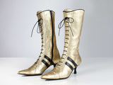 Y2K Italy CAMMINA Gold Metallic Leather Lace Up Detail High Heel Boots Women&#39;s USA Size 5 - 6 EUR 35