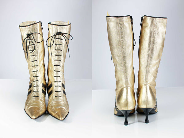 Y2K Italy CAMMINA Gold Metallic Leather Lace Up Detail High Heel Boots –  KCO VINTAGE