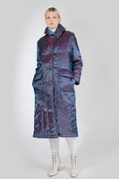 Vintage 80s IRIDESCENT Purple Blue Red Puffer Jacket Lightweight Long Coat Women&#39;s Size Large 42&quot; bust - 42&quot; waist - 44&quot; hips