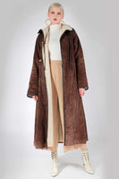Vintage 70s CORDOROY and Sherpa Faux Shearling Lined Winter Maxi Coat in Brown and Beige Women&#39;s Size Large - 42&quot; bust - 44&quot; waist -46&quot; hips