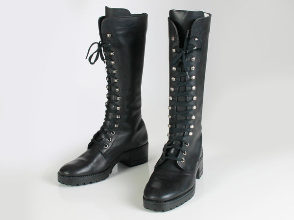90s Italy GRAPHIQUE Tall Black Lace Up Leather Platform Combat Goth Rocker Boots Women&#39;s USA Size 8.5 -9... EUR 39