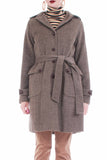 Earthy Brown Herringbone Wool Cashmere Belted Coat with Removable Hood women&#39;s size 10 - Medium - 39&quot; bust - 40&quot; waist - 42&quot; hips - 36&quot; long
