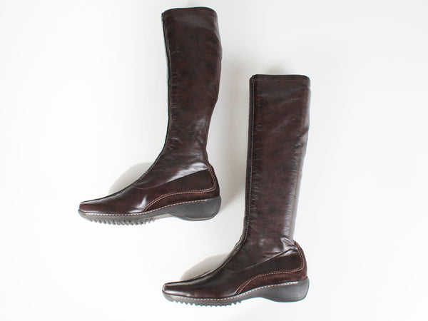 Y2k Paul Green München Futuristic Boho Dark Shiny Brown Stretch Leather Platform Knee High Boots Women&#39;s USA Size 8 - 8.5
