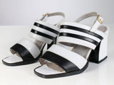 Vtg 1970s CALZADO LUZANDRA Black and White Leather Chunky Block Heel Sandals Women&#39;s USA Size 5 - 8.5&quot; insole